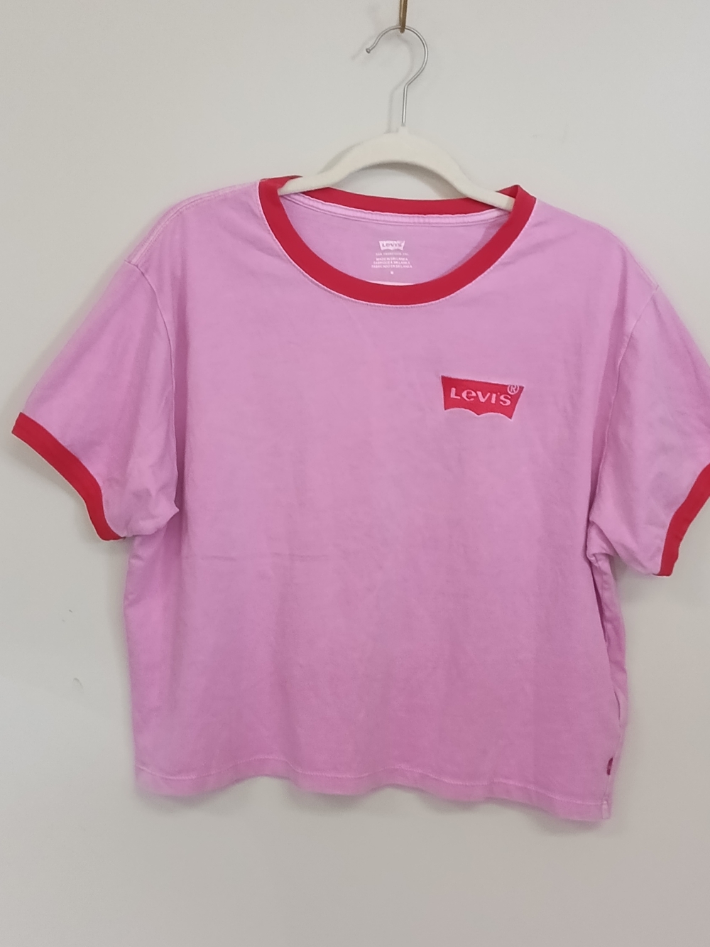 Levi's Pink Red Embroidered Logo Cropped Ringer T Shirt Women's M Casual Cotton